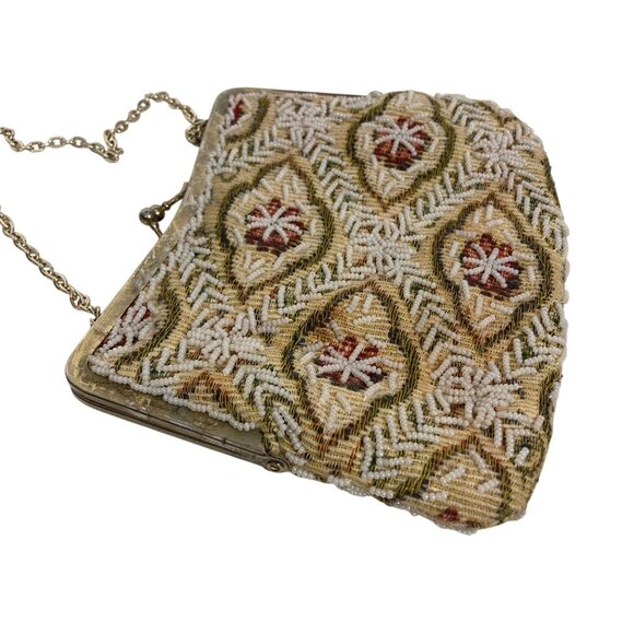 Vintage Floral Beaded Handbag Evening Bag Chain Strap Feminine Victorian Regency - Picture 6 of 10